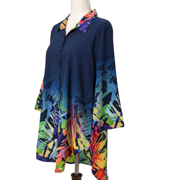 Women's Chiffon Shirt Flowy Blouse Abstract Navy Size M 3/4 Sleeve NWT Klaveli - Picture 5 of 7